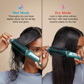 Shark Glossi styling damp hair demonstrating wet-to-dry use for faster blowout benefit