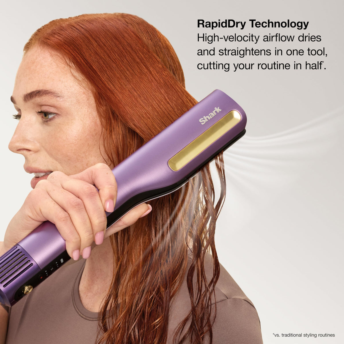 Shark SilkiPro side profile with controls showing motion-sensing and adjustable airflow benefits