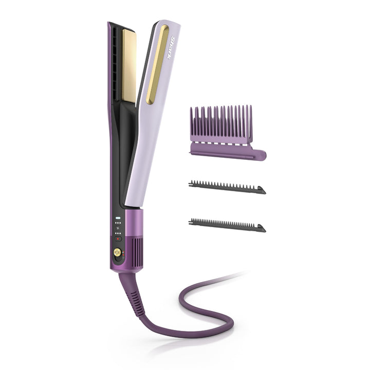 Shark SilkiPro front view showing plum satin finish and compact design benefit: stylish storage