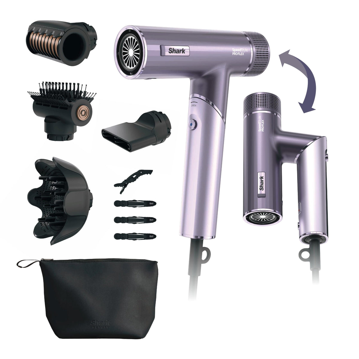 Shark SpeedStyle Pro FLEX front view showing sleek compact dryer and benefits