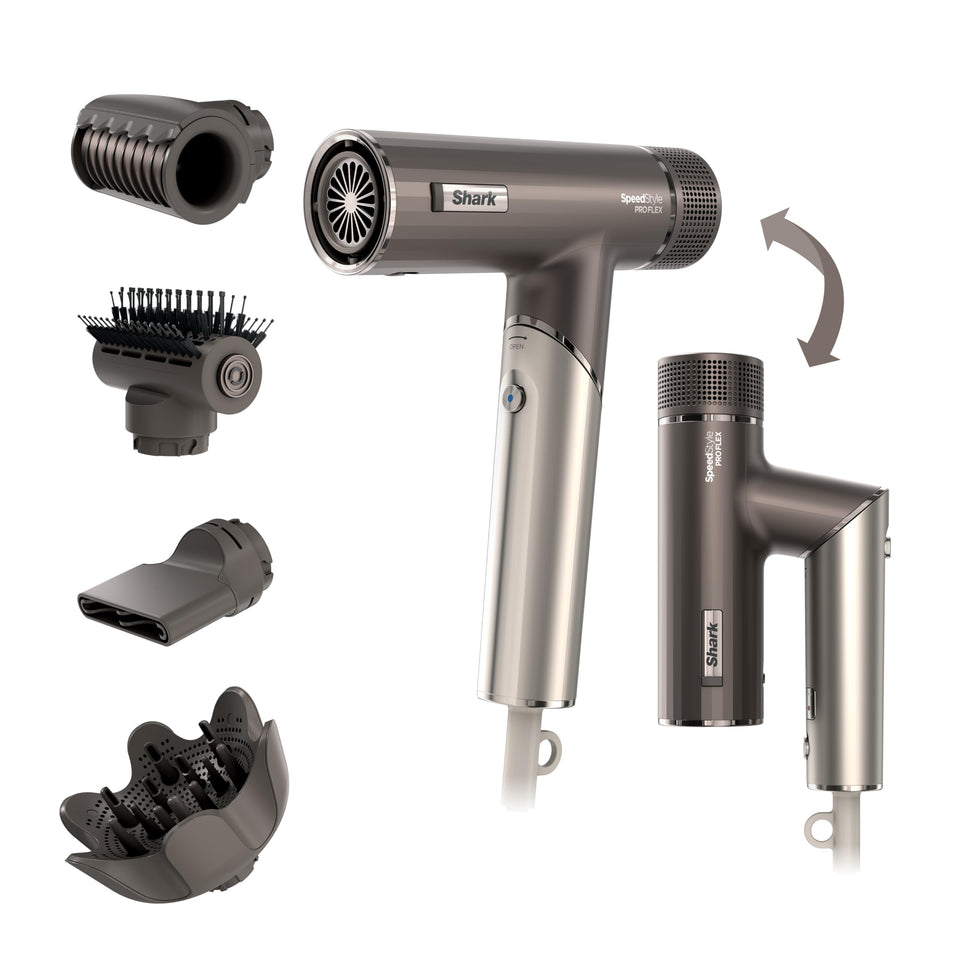 Shark SpeedStyle Pro FLEX front view showing compact mocha silver body and nozzle, showcasing power
