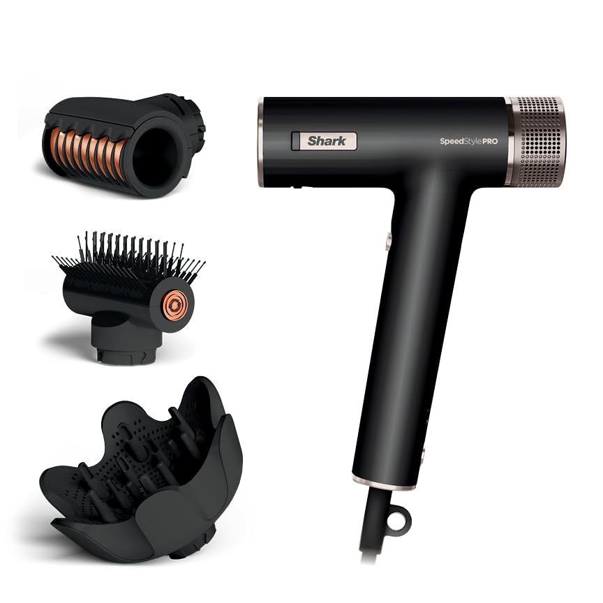 Shark SpeedStyle Pro front view showing sleek design and nozzle, delivers fast drying