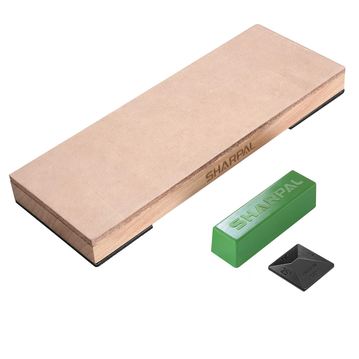 SHARPAL front view of leather strop showing polished surface and wood base benefit: precision finishing