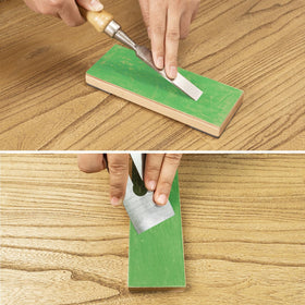 SHARPAL strop in use with kitchen knife demonstrating edge refinement benefit