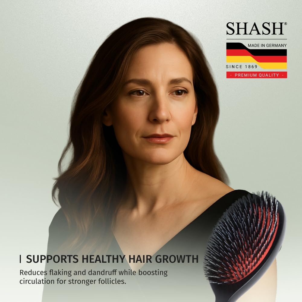 SHASH brushing damp hair gently to detangle and reduce breakage