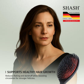 SHASH brushing damp hair gently to detangle and reduce breakage