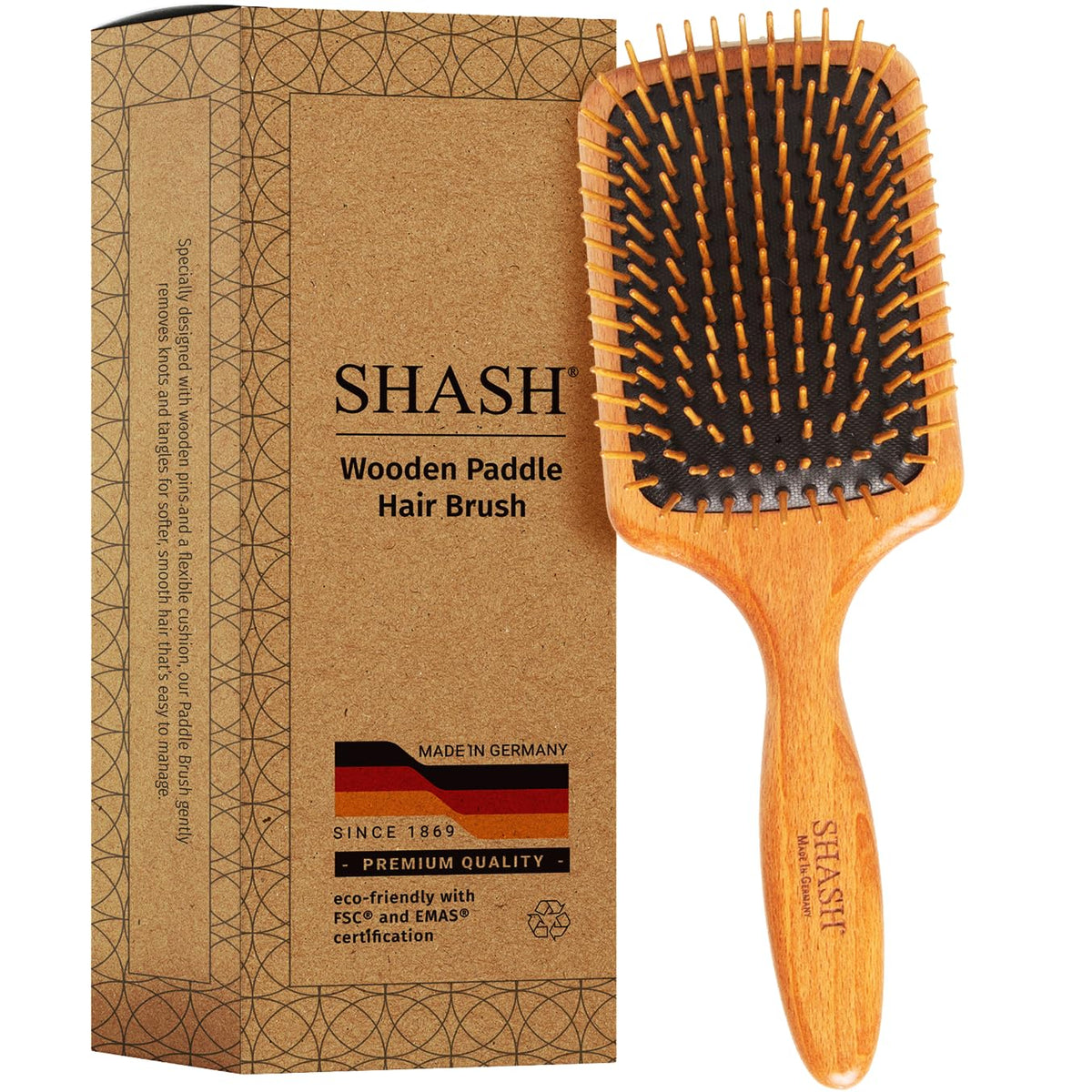SHASH paddle brush front view showing full paddle and pins, gentle detangling