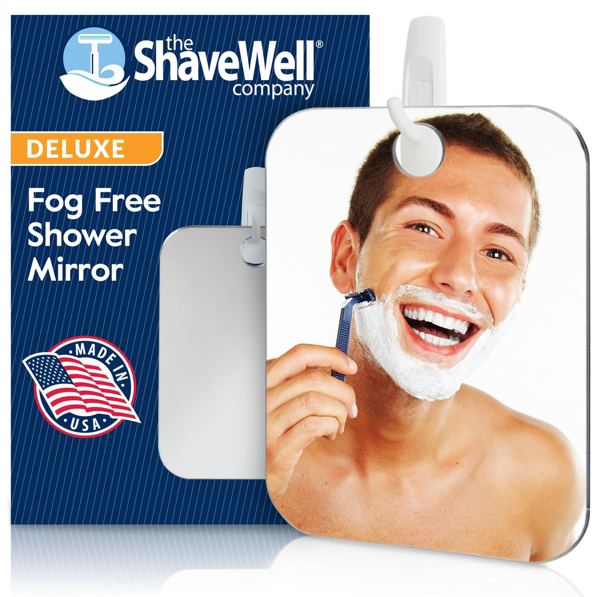Shave Well front hanging mirror showing clear reflection and compact design benefits