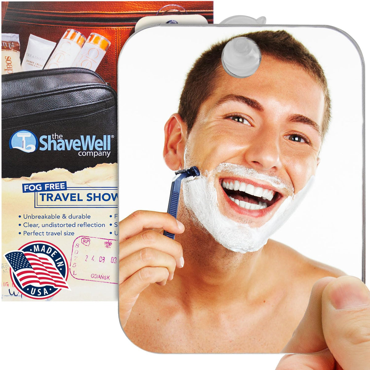 The Shave Well mirror front view showing compact fogless surface benefit