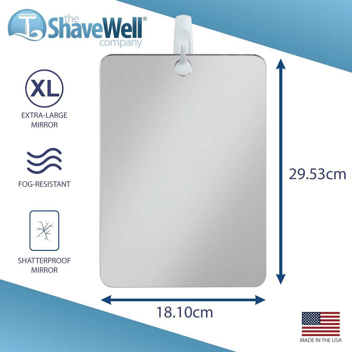 Shave Well mounted in shower on tile demonstrating secure adhesion and fogless grooming benefit