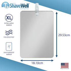 Shave Well mounted in shower on tile demonstrating secure adhesion and fogless grooming benefit
