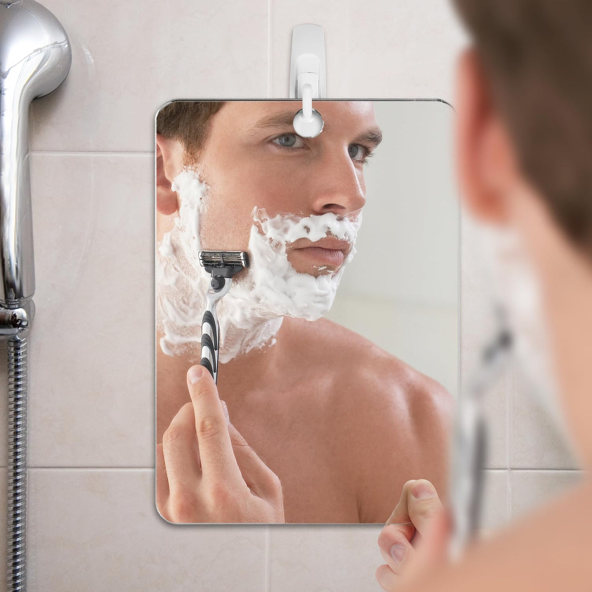 Shave Well adhesive hook and base detail showing strong tool-free installation benefit