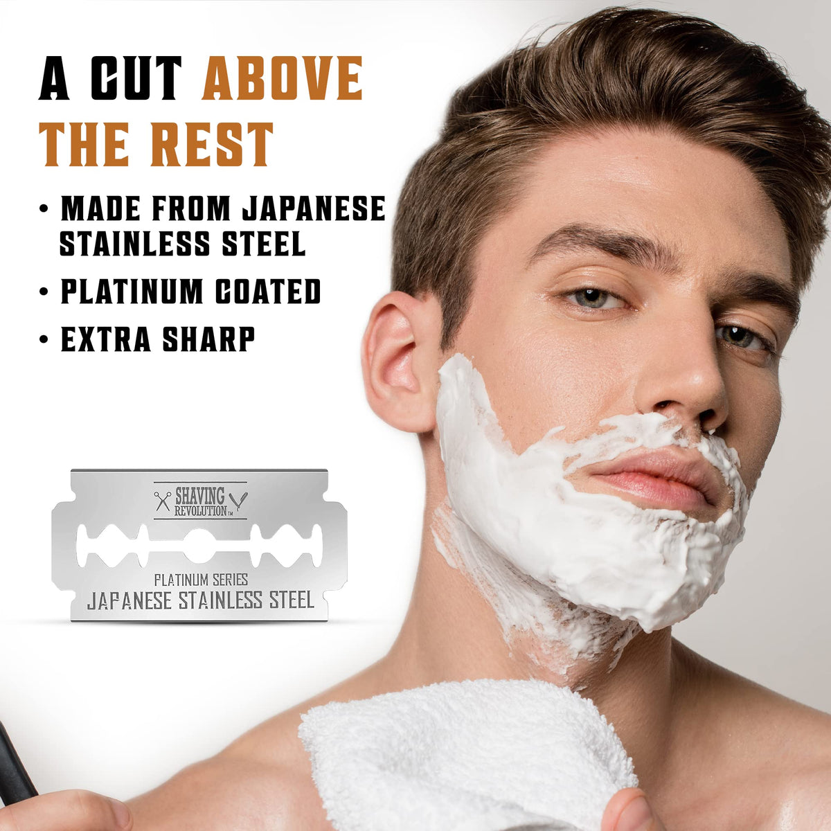 SHAVING REVOLUTION open box with rows of blades indicating bulk supply
