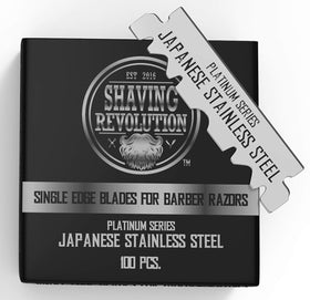 SHAVING REVOLUTION front packaging showing 100-count blades for reliable supply