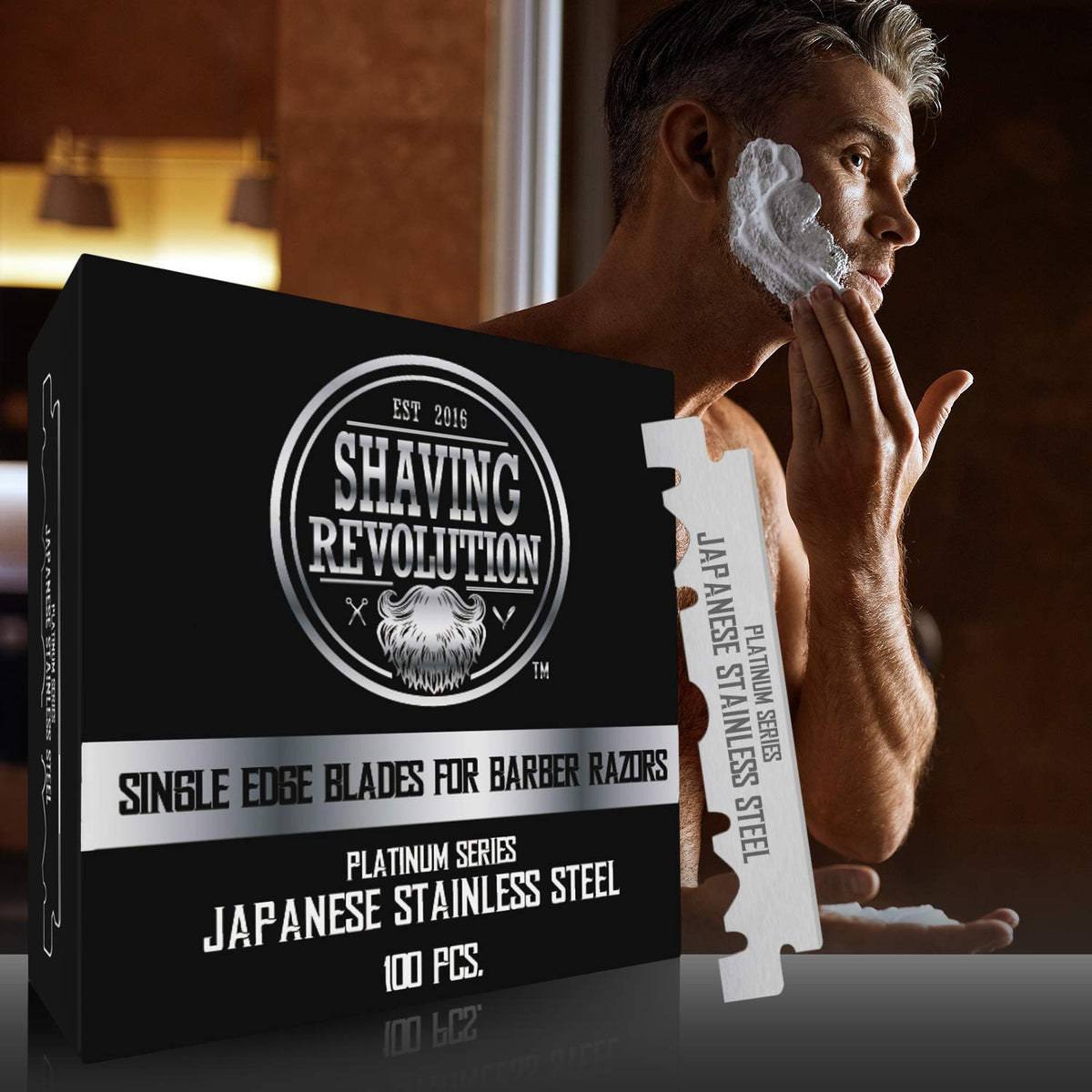 SHAVING REVOLUTION blades displayed at barber station suggesting professional performance