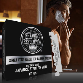SHAVING REVOLUTION blades displayed at barber station suggesting professional performance