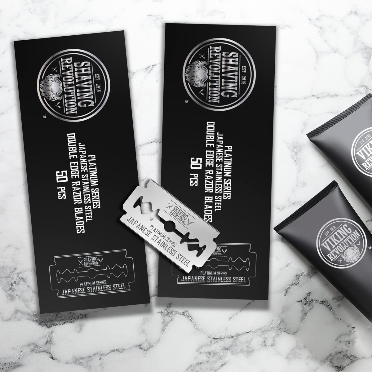 SHAVING REVOLUTION blades with shaving kit in bathroom for a refined routine