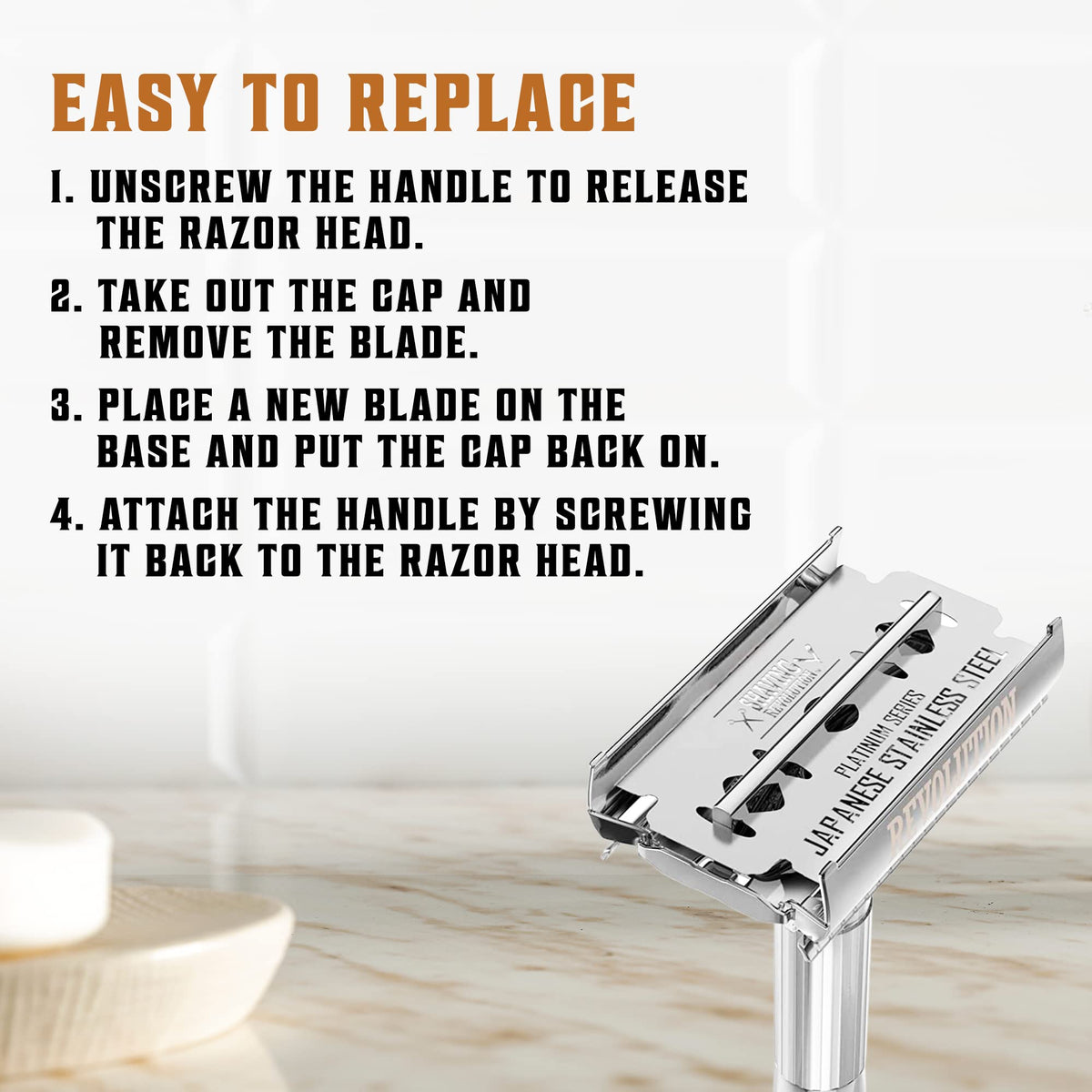 SHAVING REVOLUTION stacked blades beside ruler showing compact size and quantity benefit