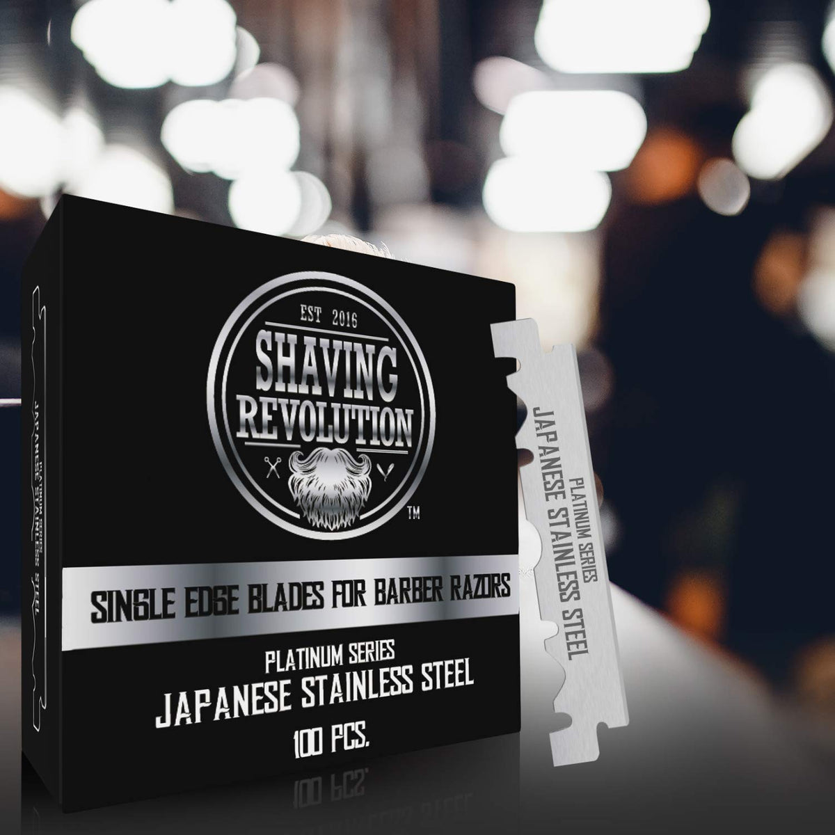 SHAVING REVOLUTION stacked blades next to ruler illustrating compact 100-count scale