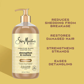 Shea Moisture conditioner in hand to show 24 fl oz scale and easy pump use benefit
