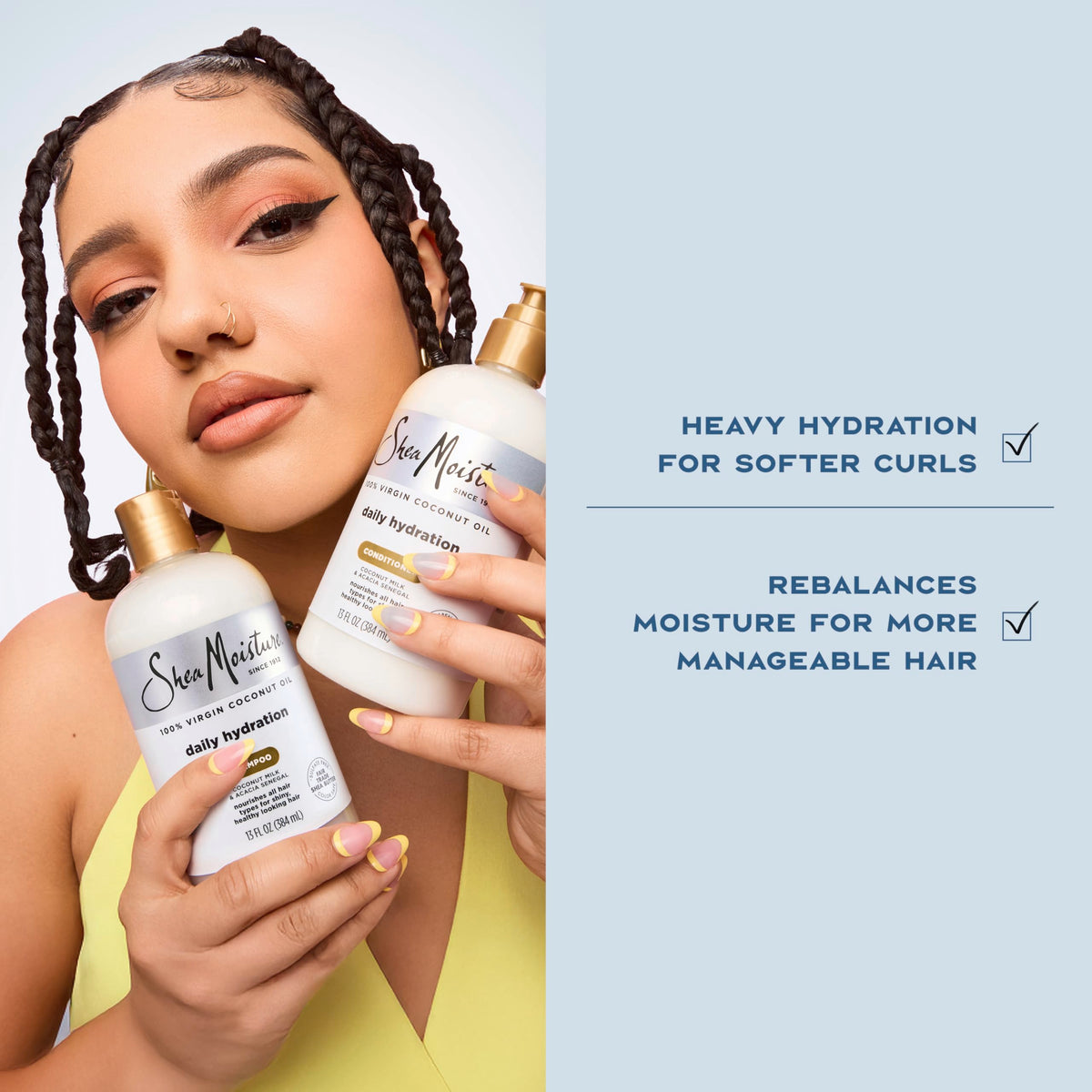 Shea Moisture bottle held in hand to show size and convenient use