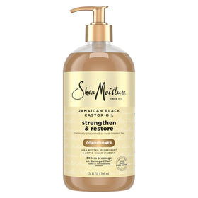 Shea Moisture front bottle of Jamaican Black Castor Oil conditioner showing packaging and volume benefit