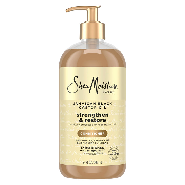 Shea Moisture front bottle of Jamaican Black Castor Oil conditioner showing packaging and volume benefit