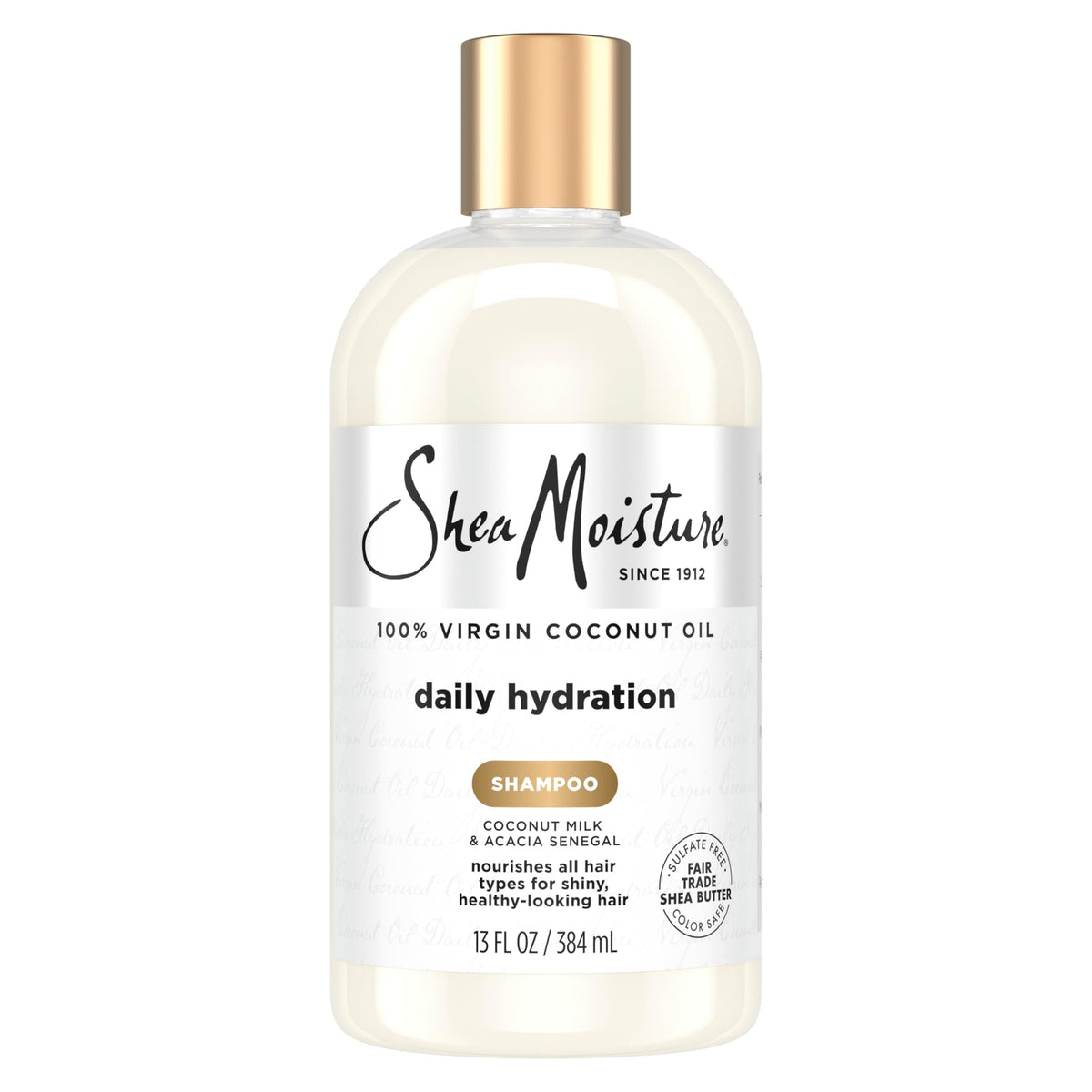 Shea Moisture front label of Daily Hydration Shampoo shows product benefits