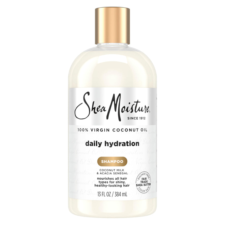 Shea Moisture front label of Daily Hydration Shampoo shows product benefits