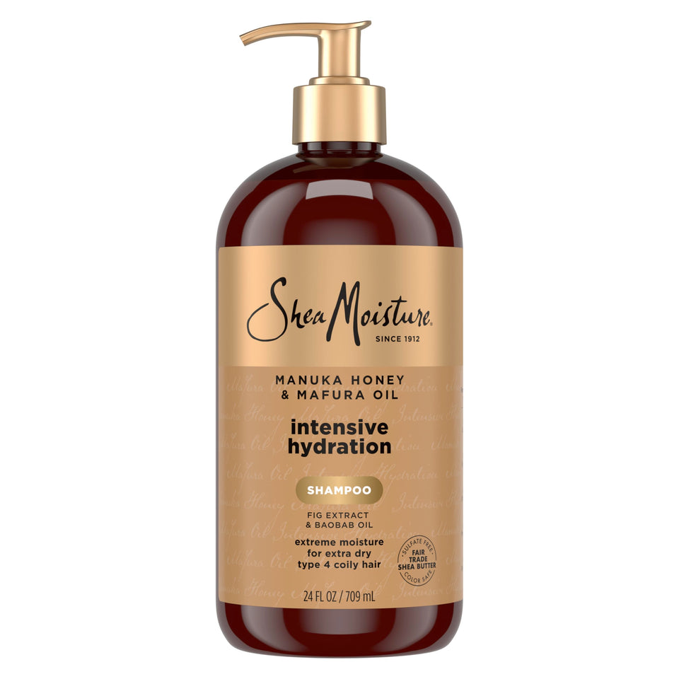 Shea Moisture front bottle showing Manuka Honey and Mafura Oil for deep hydration