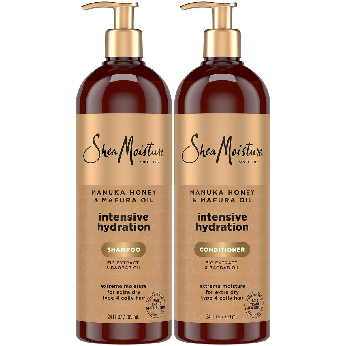 Shea Moisture front packaging showing Manuka Honey Mafura Oil set and benefits