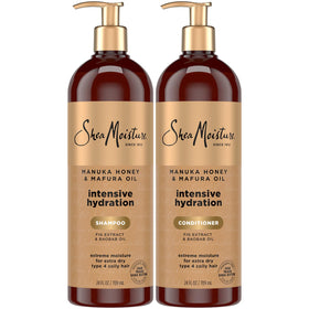 Shea Moisture front packaging showing Manuka Honey Mafura Oil set and benefits