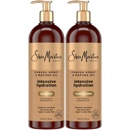 Shea Moisture front packaging showing Manuka Honey Mafura Oil set and benefits