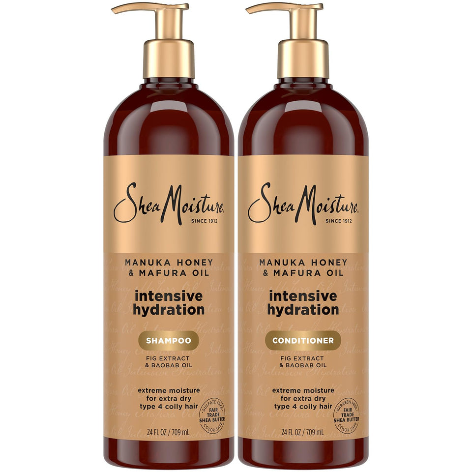 Shea Moisture front packaging showing Manuka Honey Mafura Oil set and benefits