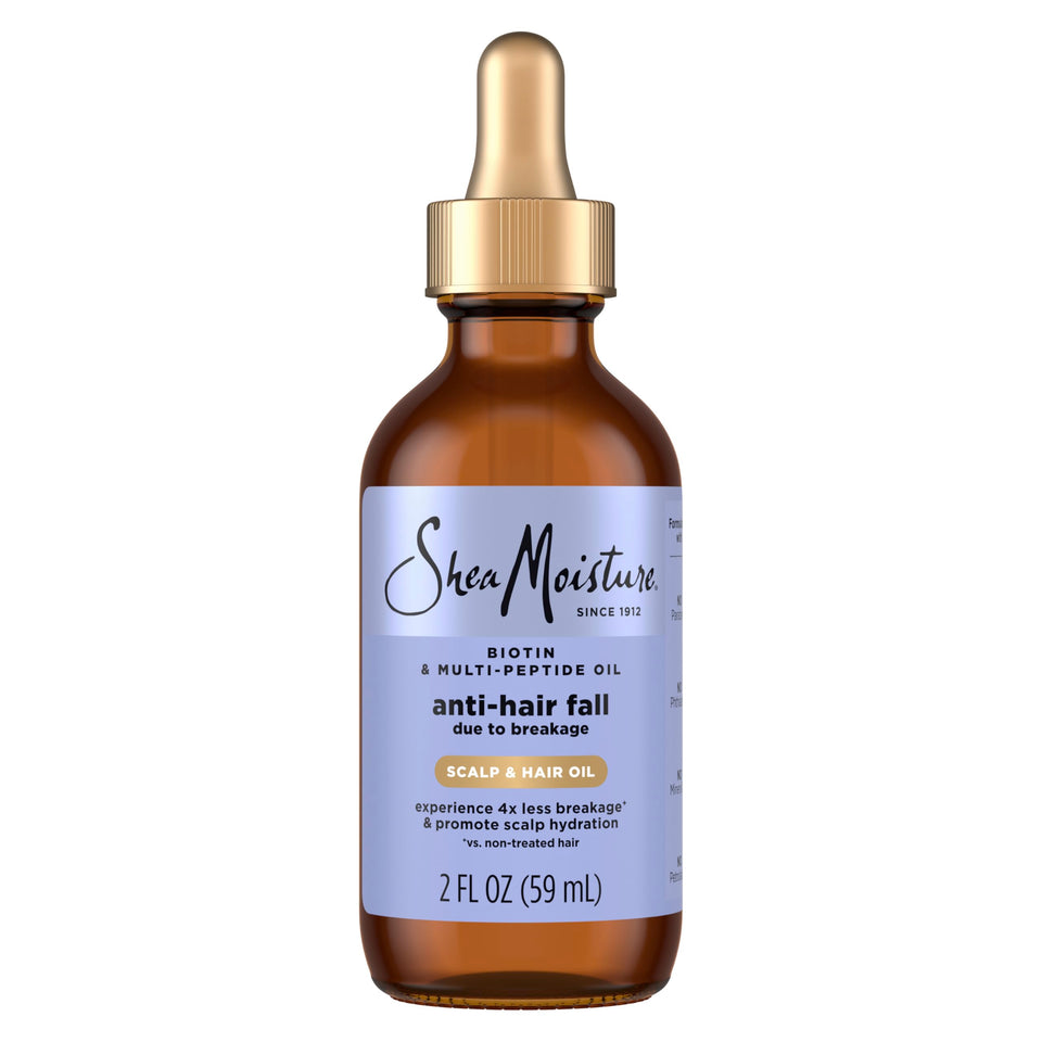 Shea Moisture front packaging showing 2 oz scalp and hair oil benefit