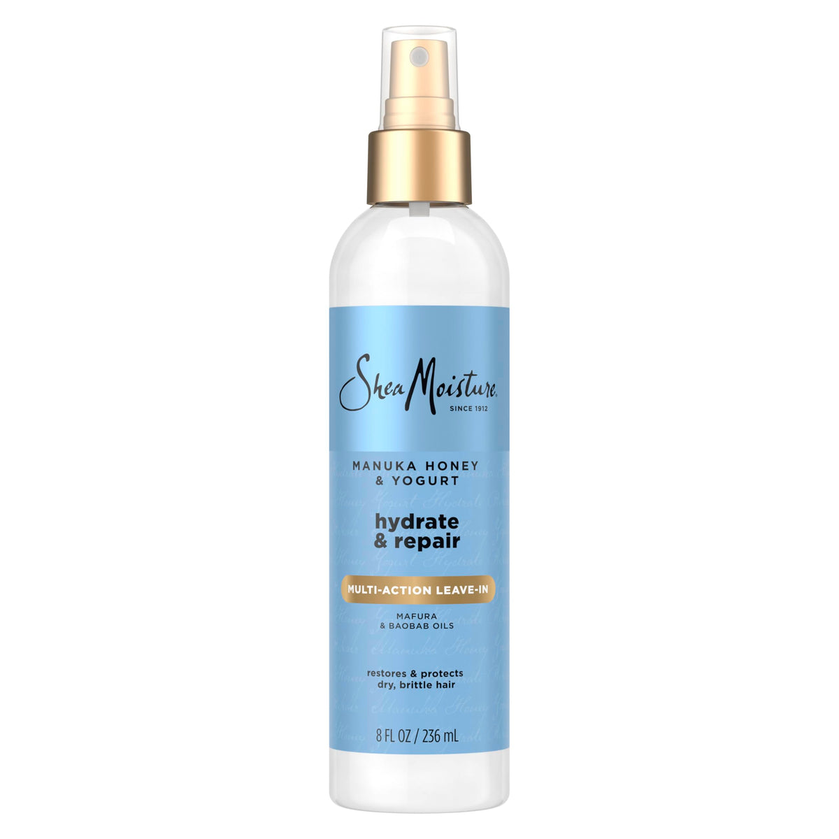 Shea Moisture front packaging showing 8 oz bottle and benefits