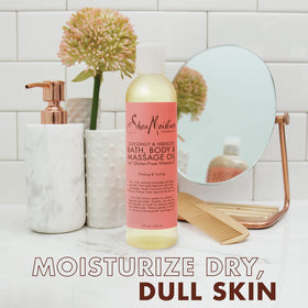 Shea Moisture hibiscus flowers near bottle showing soothing fragrance
