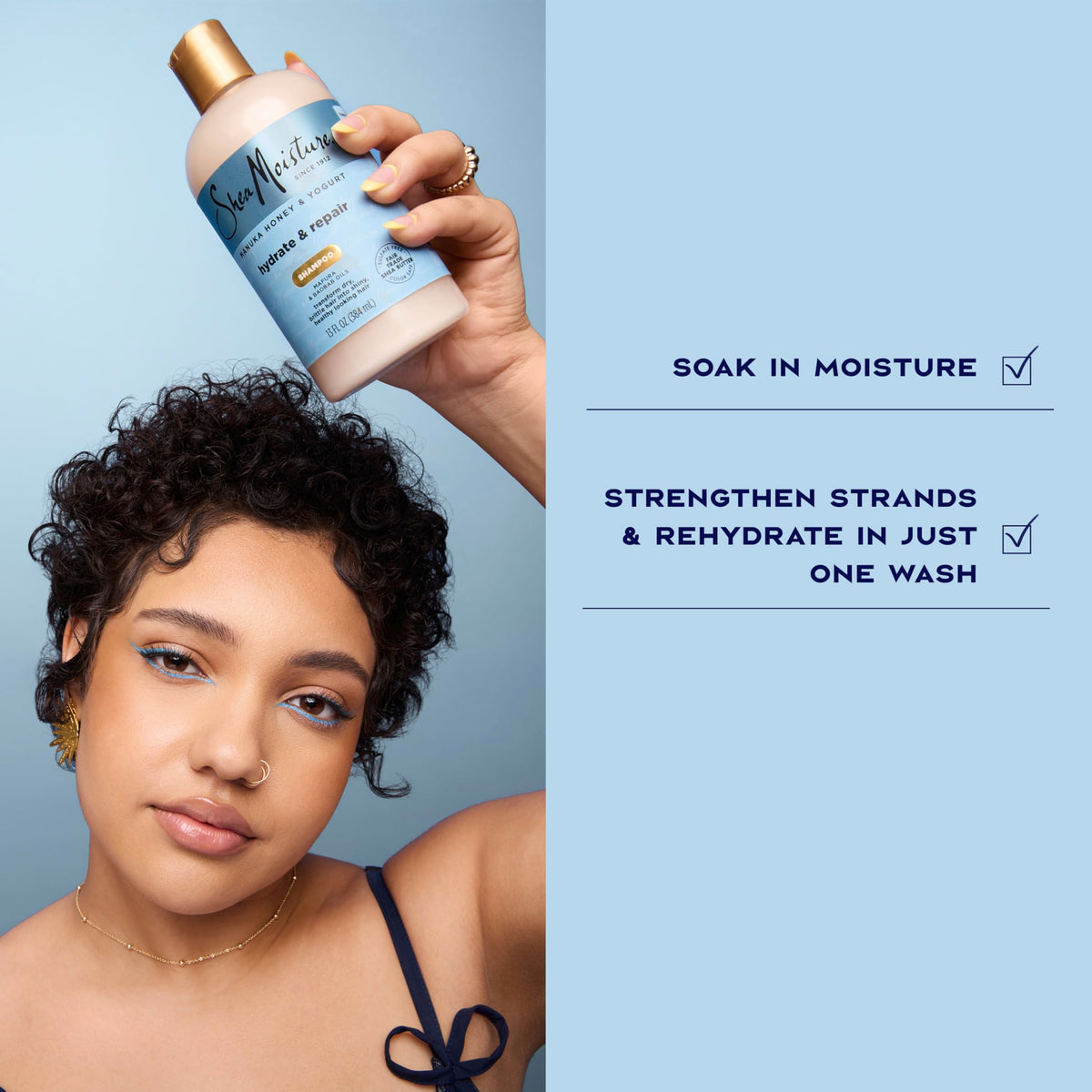 Shea Moisture shampoo in shower demonstrating easy in-shower use