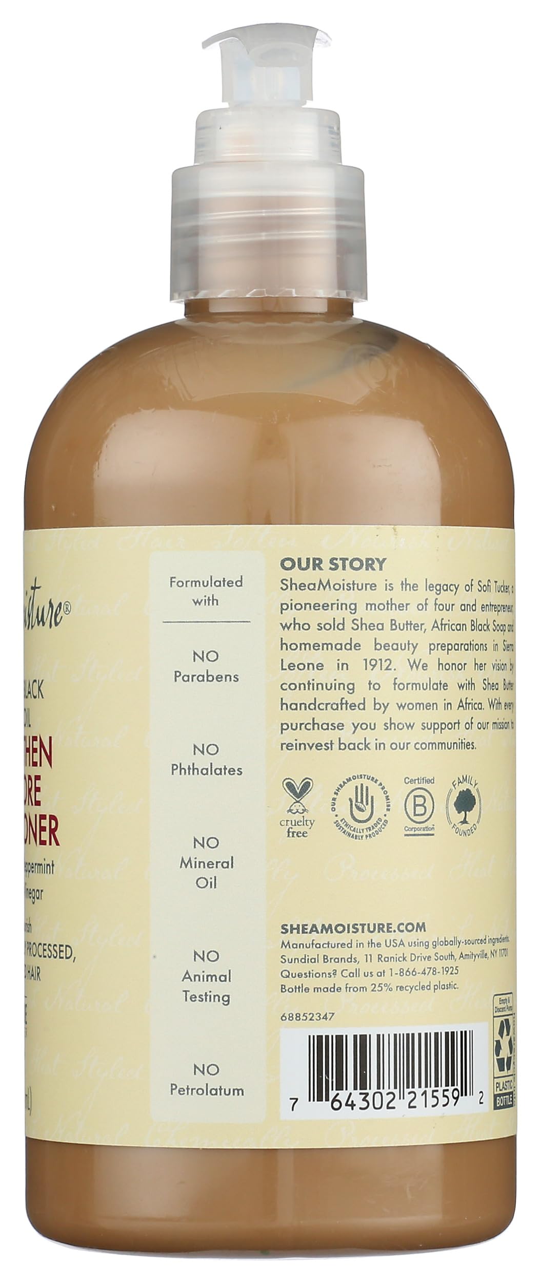 Shea Moisture label close-up listing ingredients and free-from claims