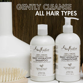 Shea Moisture shampoo on bathroom shelf in lifestyle scene for daily routine