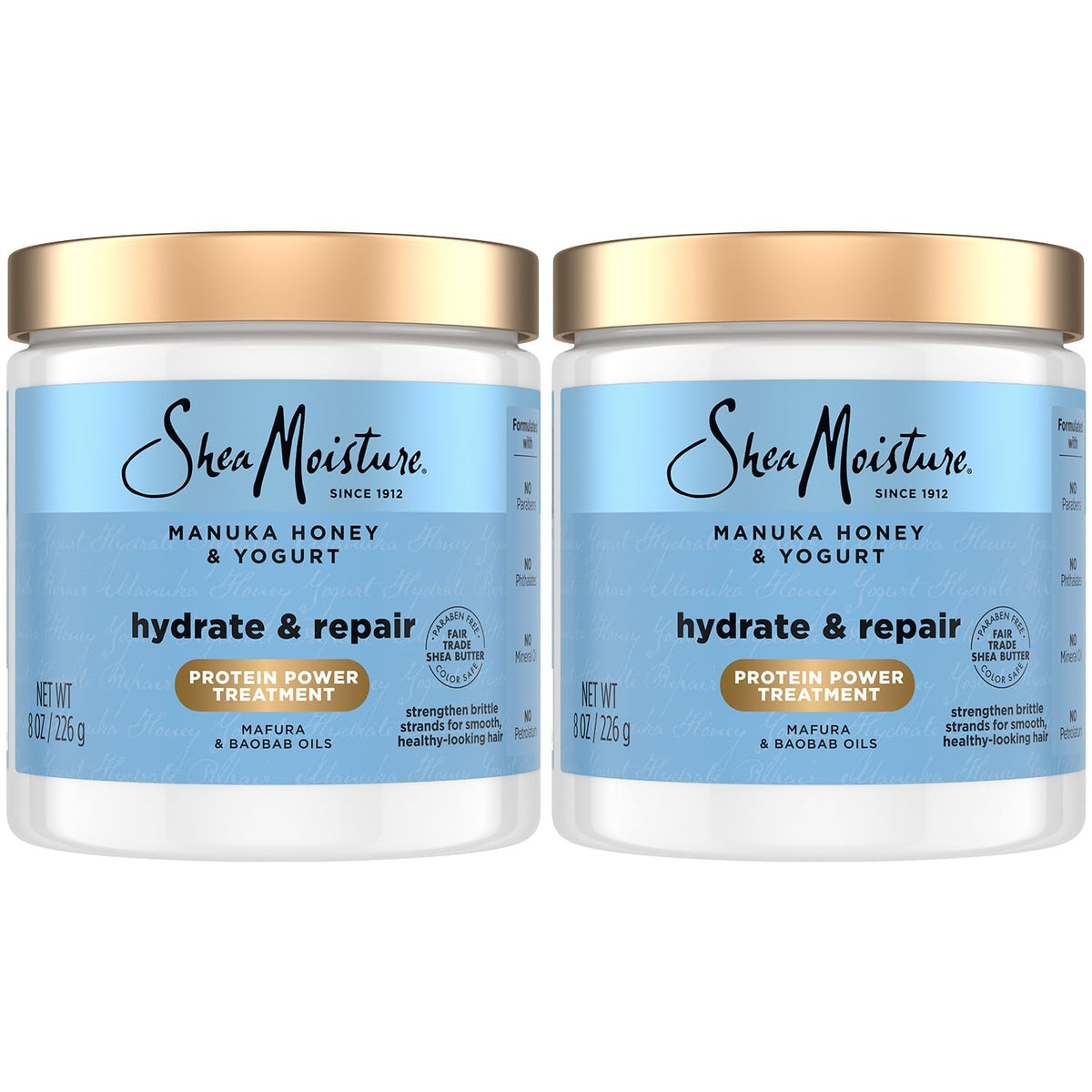 Shea Moisture front packaging showing two 8 oz jars and product benefits