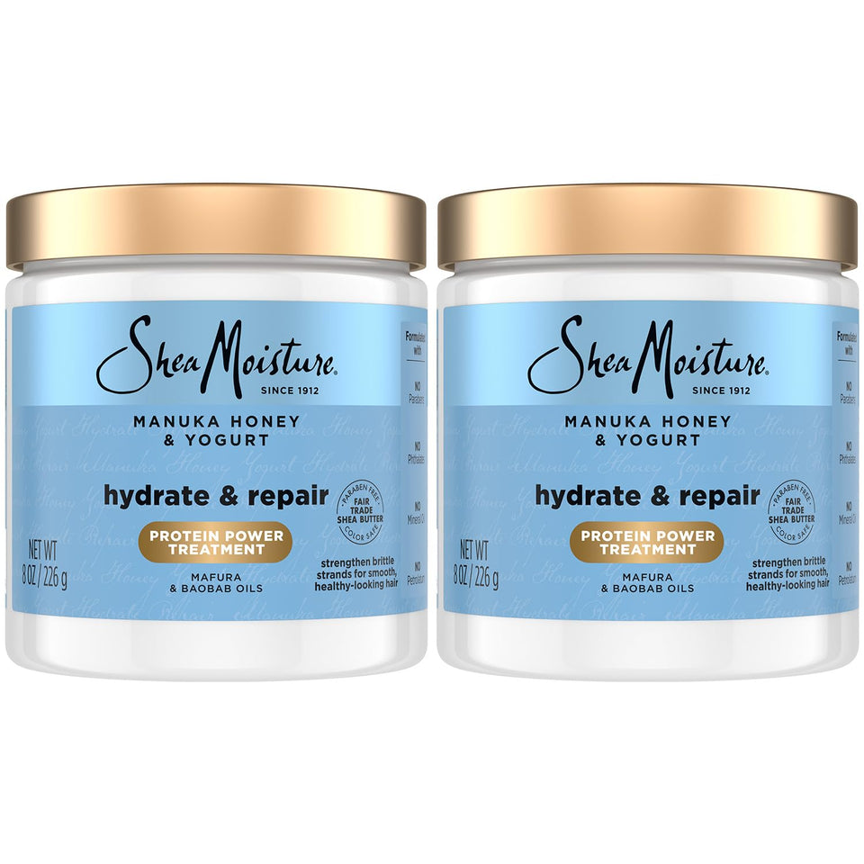 Shea Moisture front packaging showing two 8 oz jars and product benefits