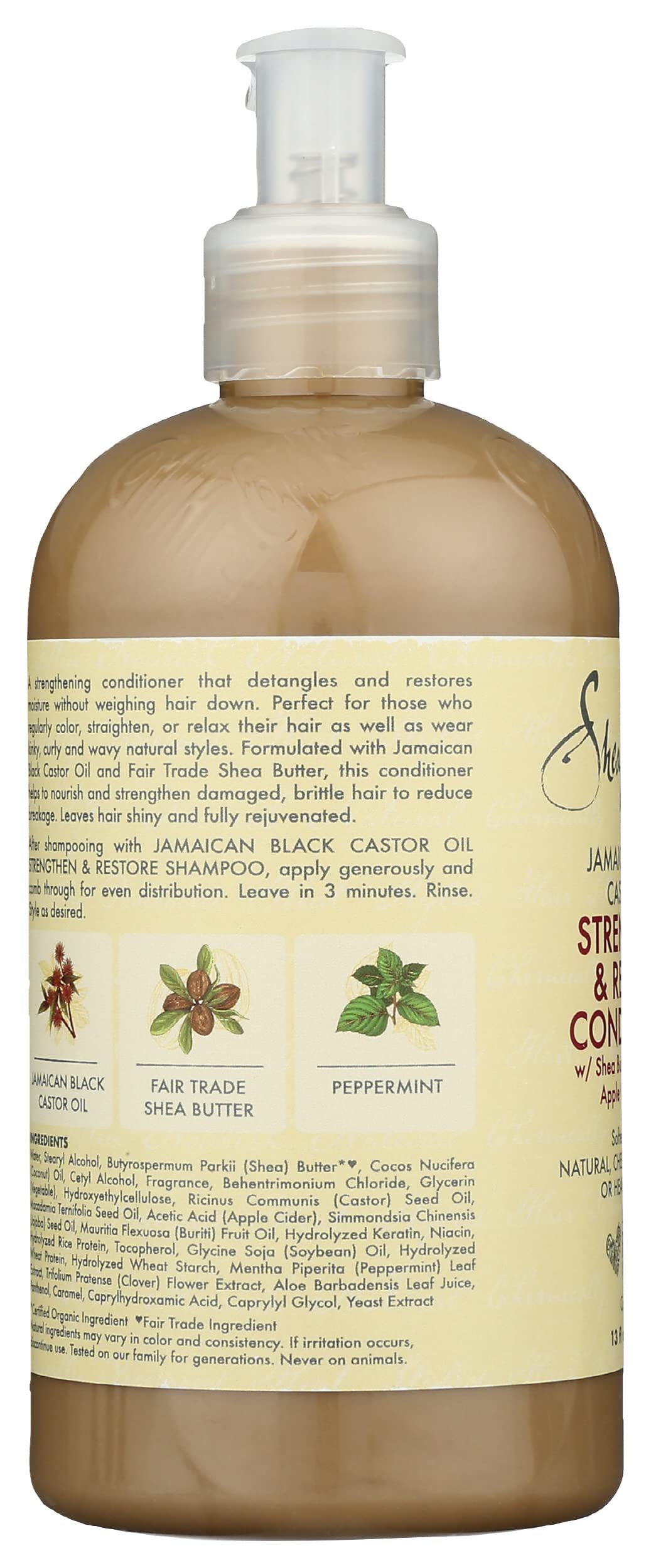 Shea Moisture bottle held to show 13 ounce size for scale