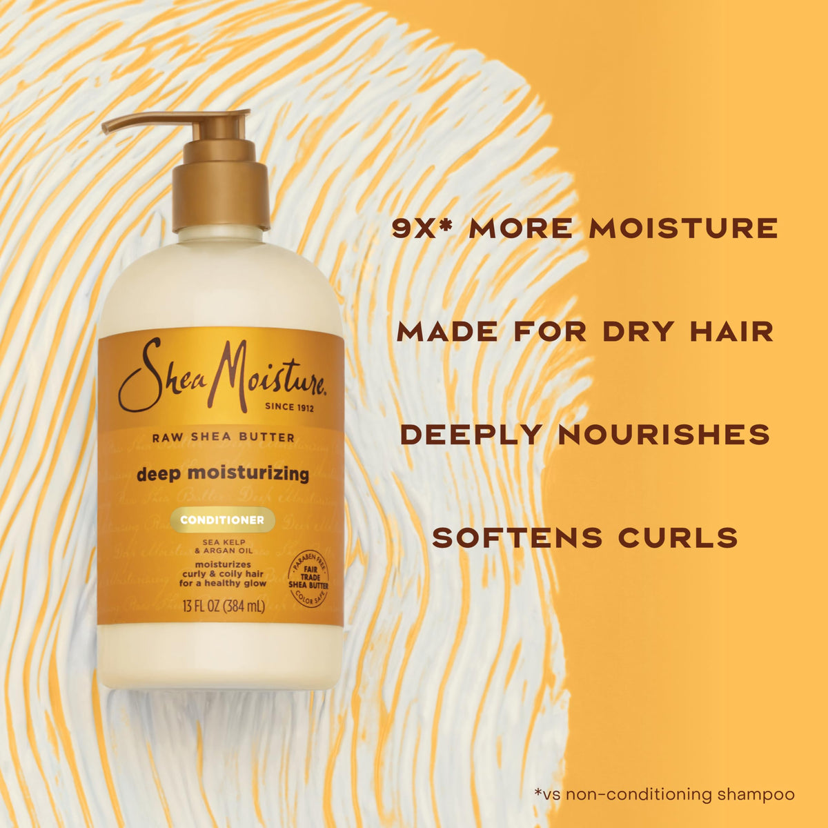 Shea Moisture 13 oz bottle beside hand to show actual product size