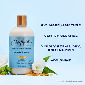 Shea Moisture creamy shampoo texture on palm for nourishing feel