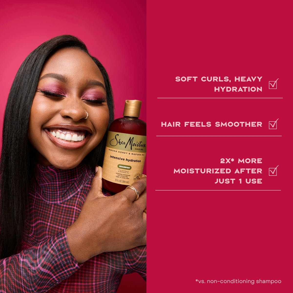Before and after hair texture using Shea Moisture showing smoother curls