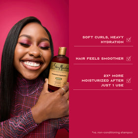 Before and after hair texture using Shea Moisture showing smoother curls