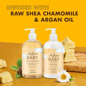 SheaMoisture baby shampoo and body wash pouring into a caregiver's palm for easy bath use