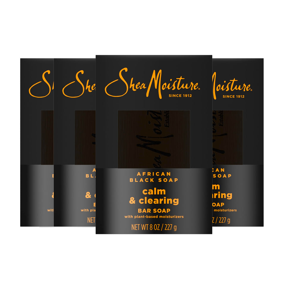 SheaMoisture front packaging of African Black Soap 4-pack showing product details and benefits