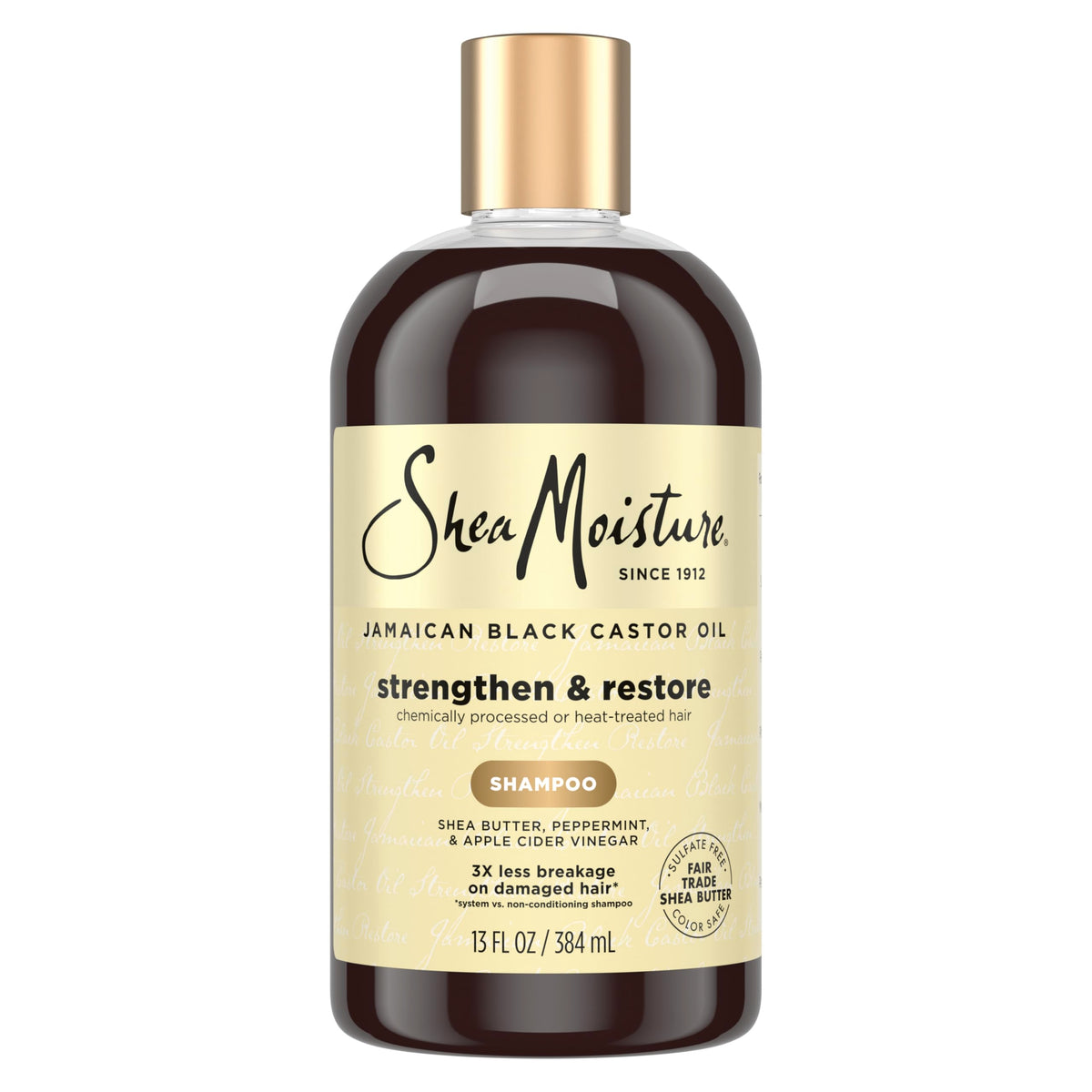 SheaMoisture bottle front showing Strengthen & Restore benefits and clear branding